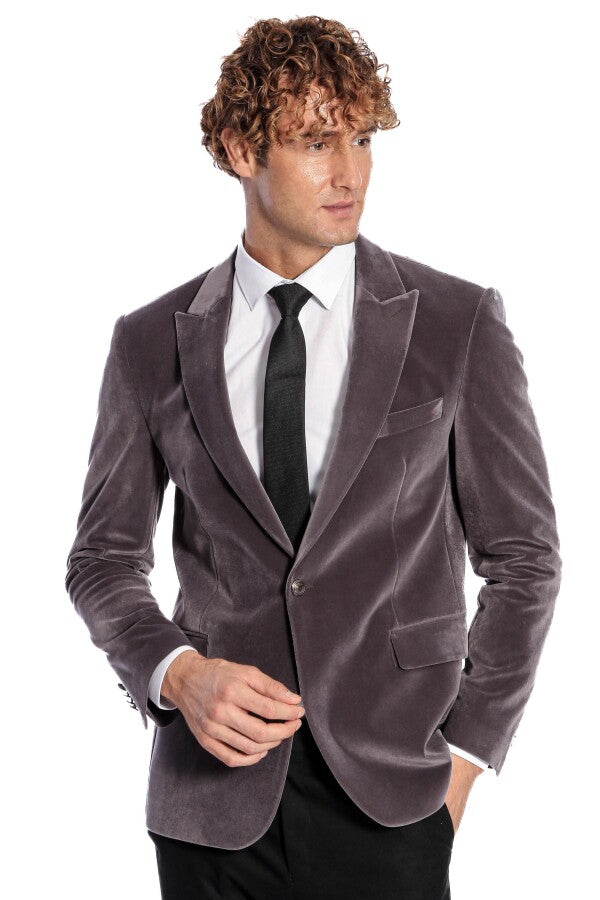 Blazer de terciopelo gris con un solo botón y solapa ancha para hombre - Wessi