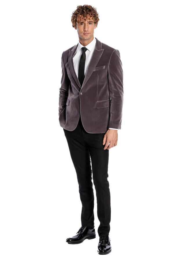 Blazer de terciopelo gris con un solo botón y solapa ancha para hombre - Wessi