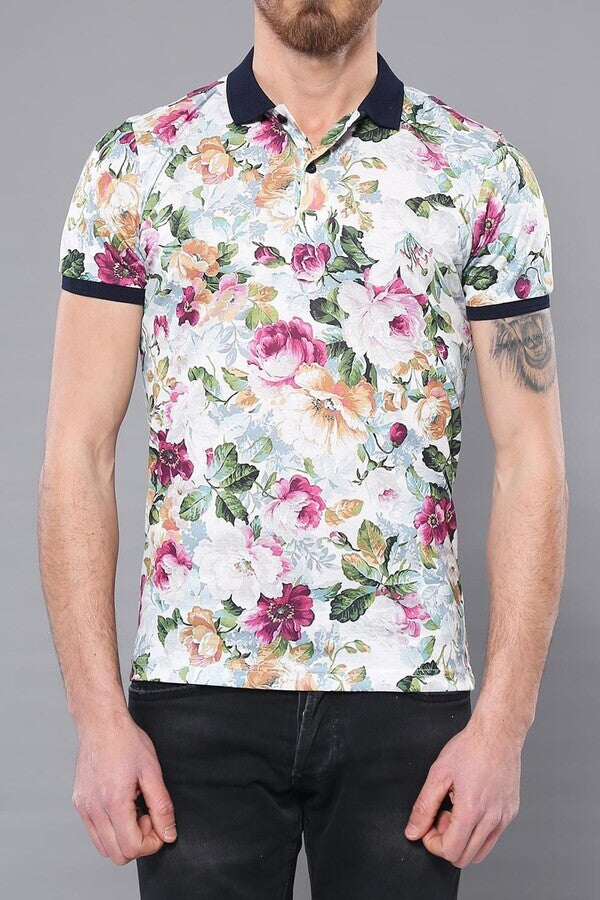 Polo Neck Floral Pattern Green T-Shirt - Wessi