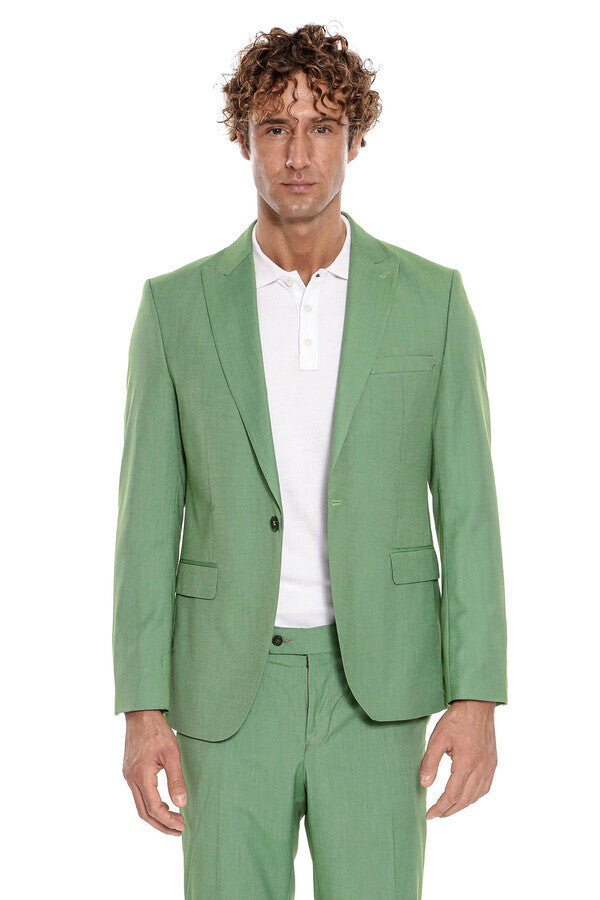 2 Piece Patterned Slim Fit Green Men Suit - Wessi