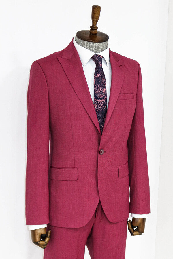 2 Piece Patterned Slim Fit Magenta Men Suit - Wessi