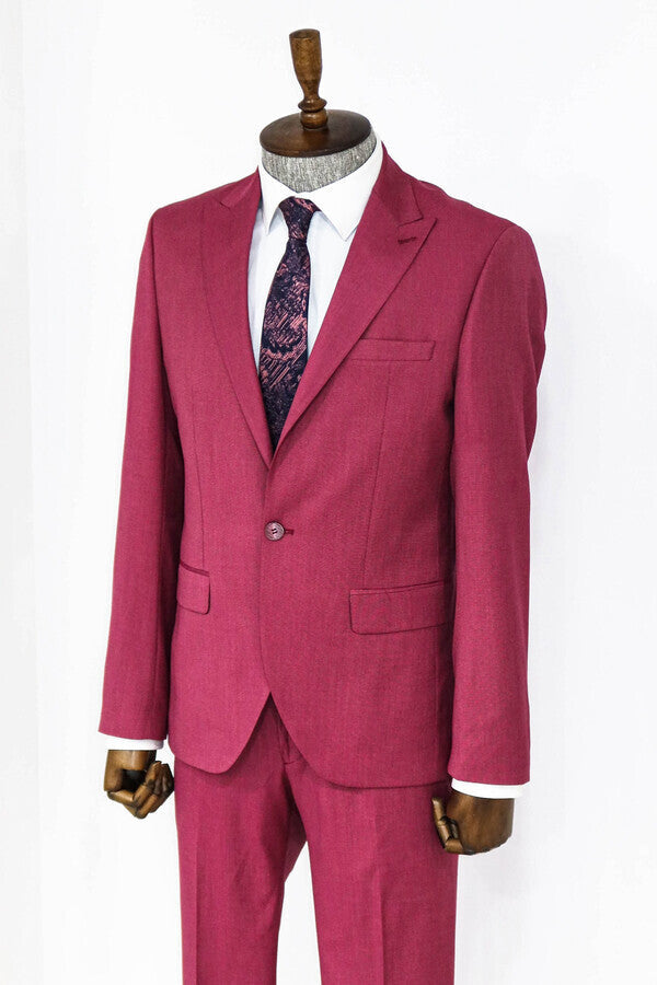 2 Piece Patterned Slim Fit Magenta Men Suit - Wessi