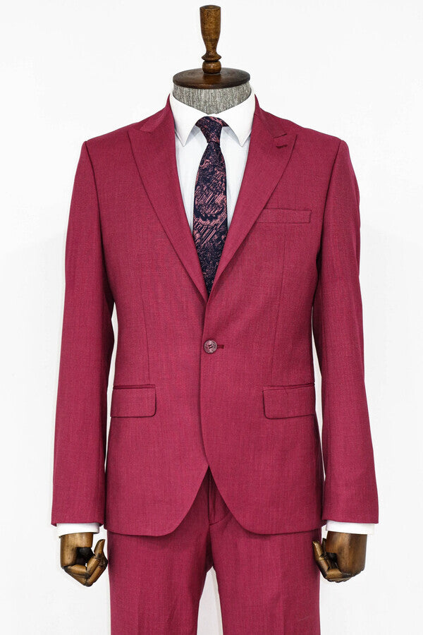 2 Piece Patterned Slim Fit Magenta Men Suit - Wessi