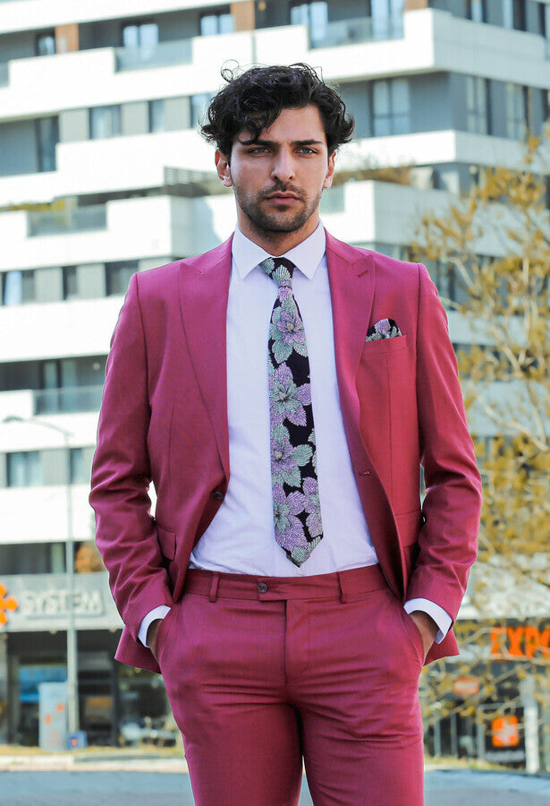 Traje de hombre de 2 piezas entallado con estampado color magenta - Wessi