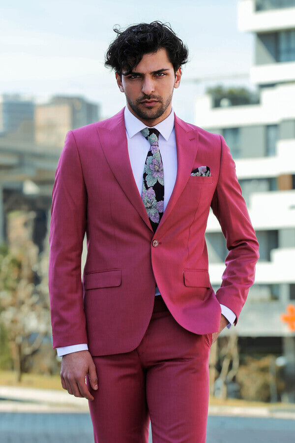 Traje de hombre de 2 piezas entallado con estampado color magenta - Wessi