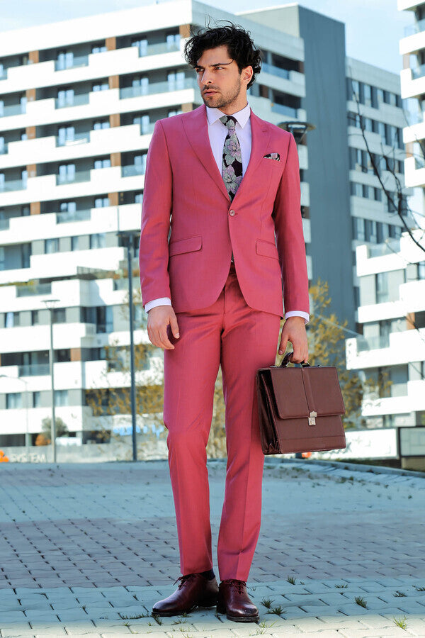 Traje de hombre de 2 piezas entallado con estampado color magenta - Wessi