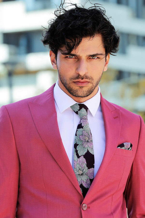 2 Piece Patterned Slim Fit Magenta Men Suit - Wessi