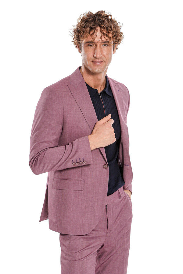 2 Piece Patterned Slim Fit Purple Men Suit - Wessi