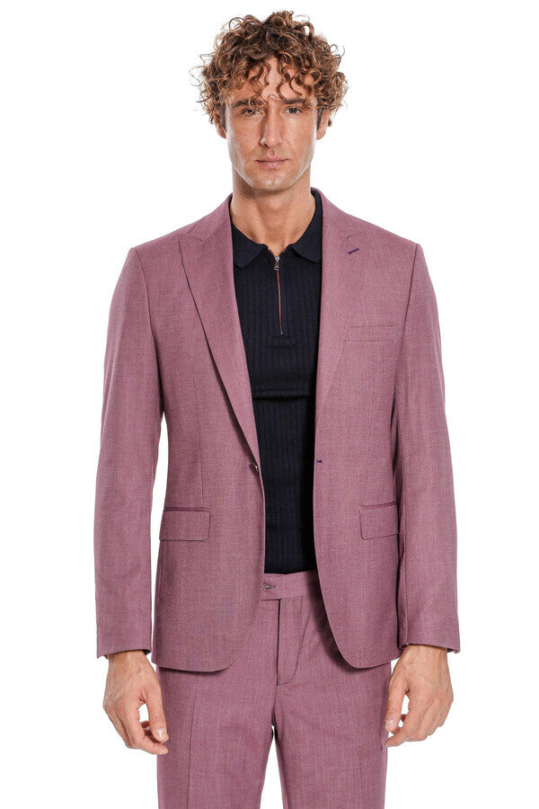 2 Piece Patterned Slim Fit Purple Men Suit - Wessi