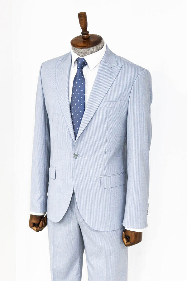 2 Piece Striped Light Blue Men Suit - Wessi