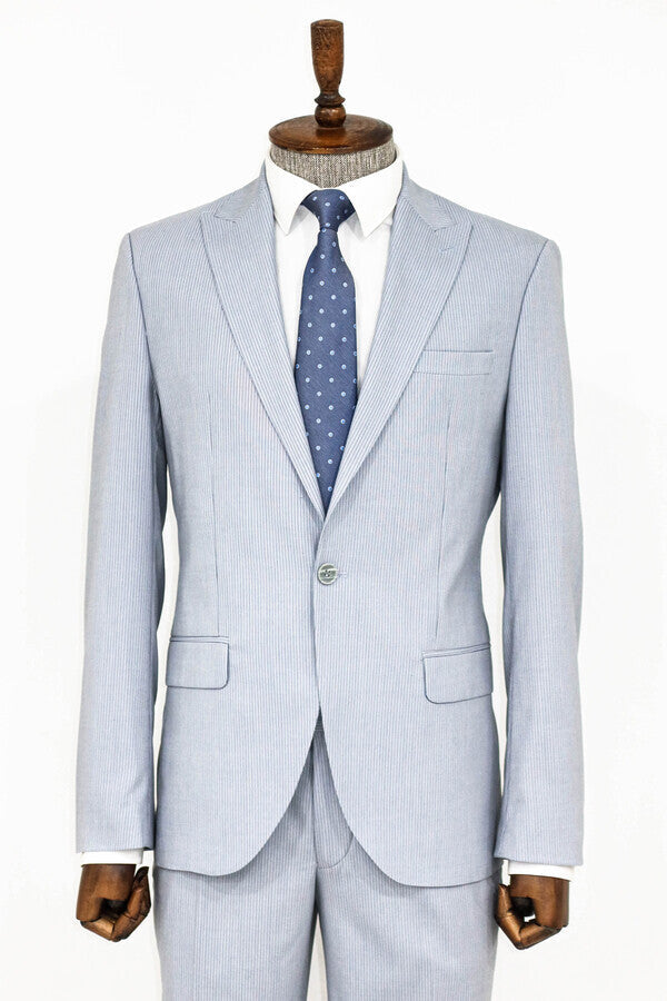 2 Piece Striped Light Blue Men Suit - Wessi