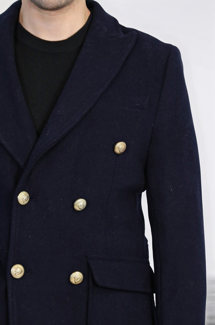 معطف طويل بأزرار معدنية باللون الأزرق الداكن - ويسي