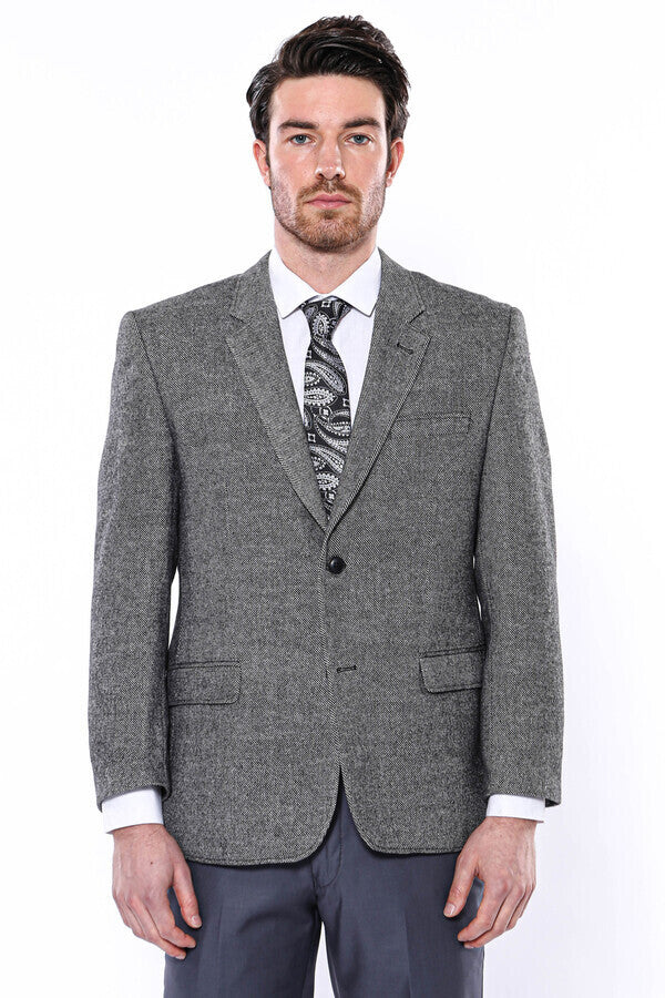 Blazer de lana gris de corte regular con 4 gotas para hombre - Wessi