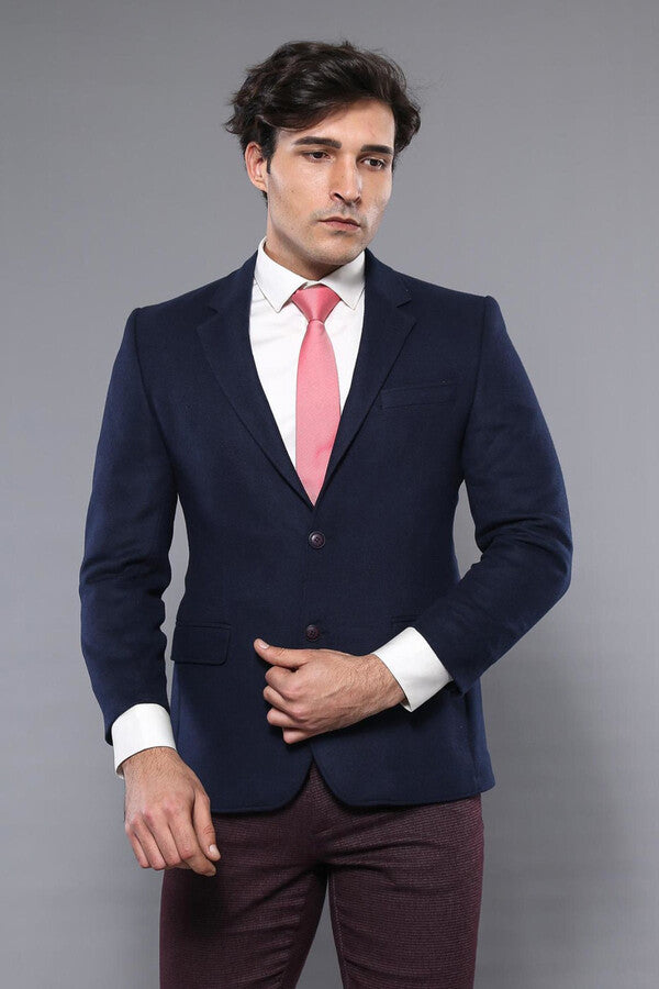 4 Drop Wool Navy Blue Men Blazer - Wessi