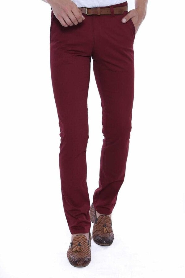 5 Pockets Patterned Burgundy Men Pants - Wessi