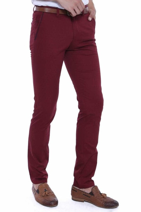 5 Pockets Patterned Burgundy Men Pants - Wessi