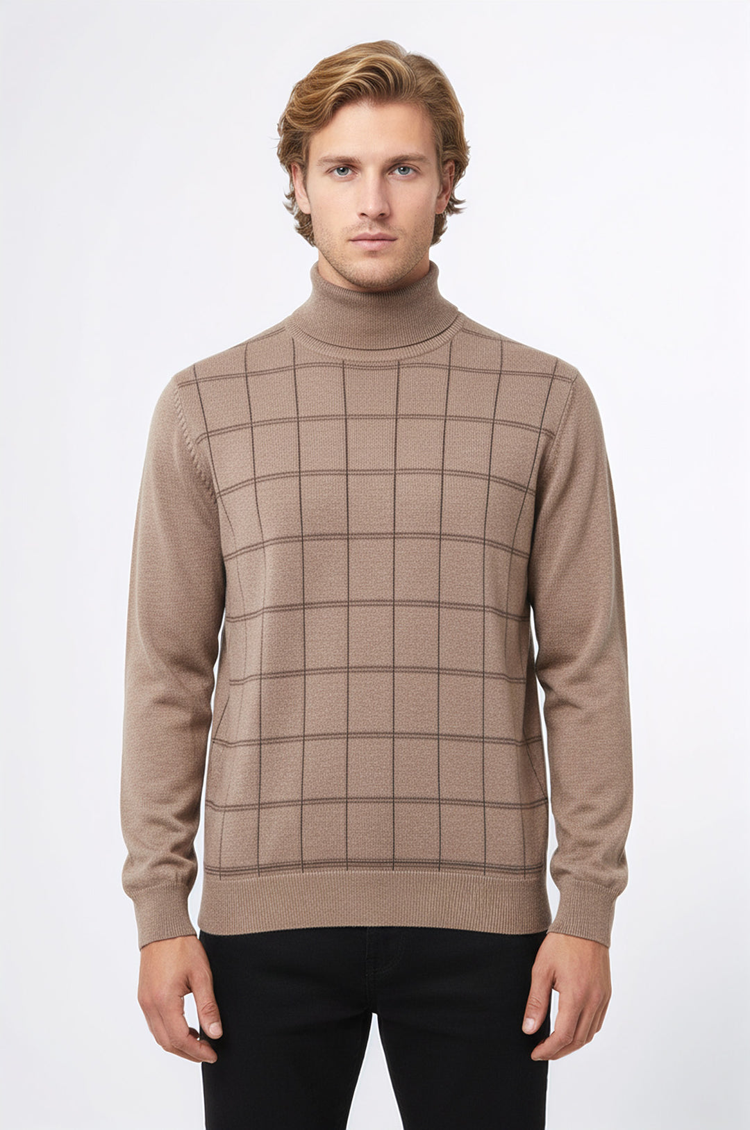 Plaid Half Turtleneck Beige Sweater - Wessi
