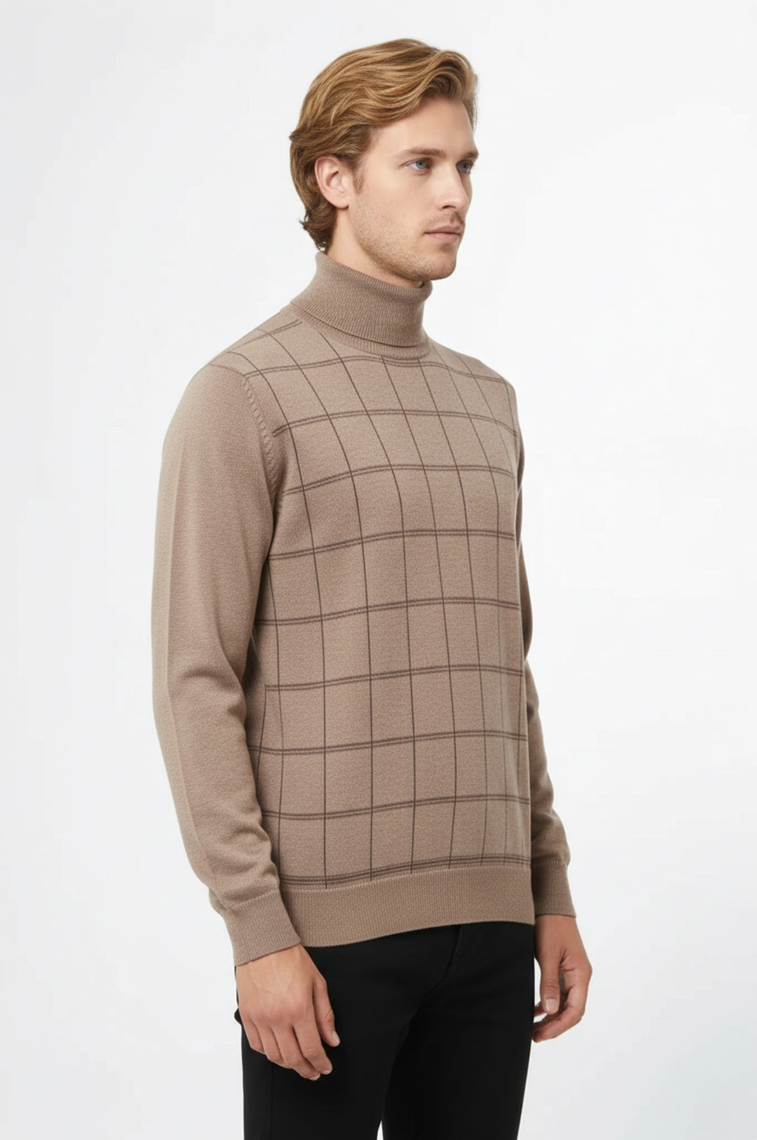 Plaid Half Turtleneck Beige Sweater - Wessi
