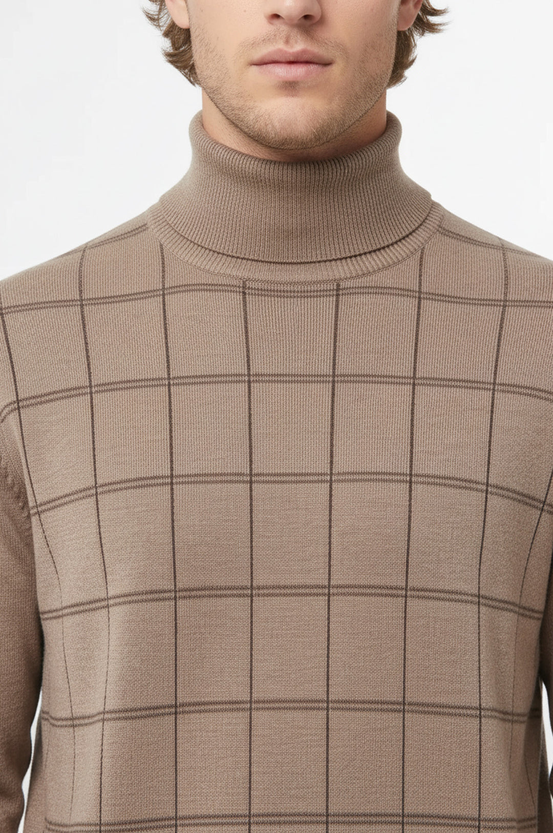 Plaid Half Turtleneck Beige Sweater - Wessi