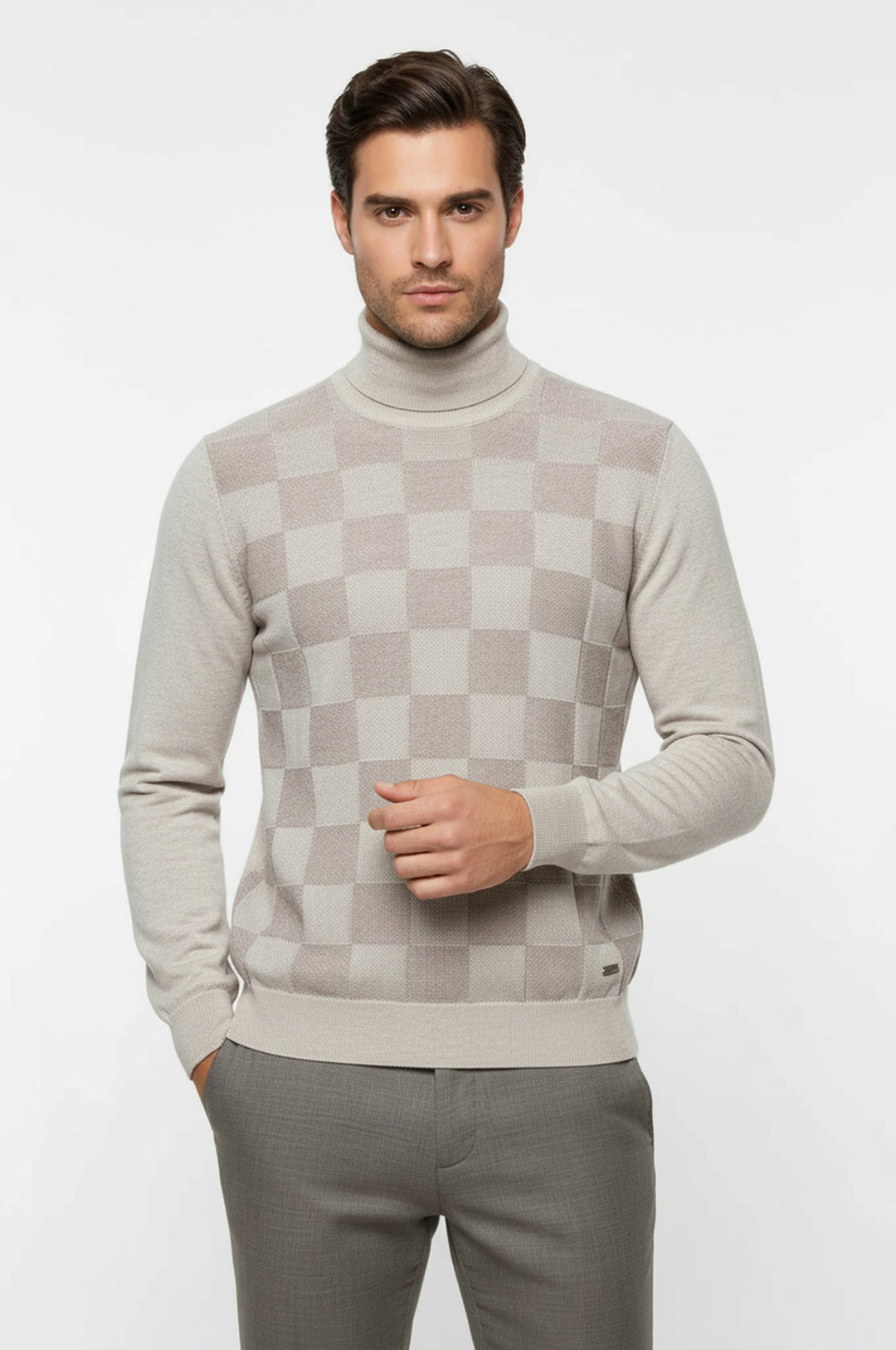 Suéter de cuello alto a cuadros en blanco hueso - Wessi