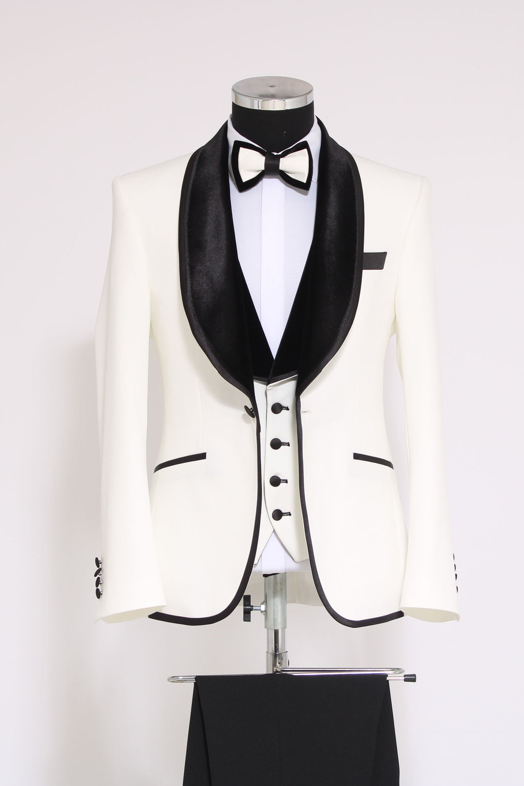 Plain 3-Piece Black Velvet Shawl Lapel Elegant White Men Tuxedo with Bow Tie- Wessi