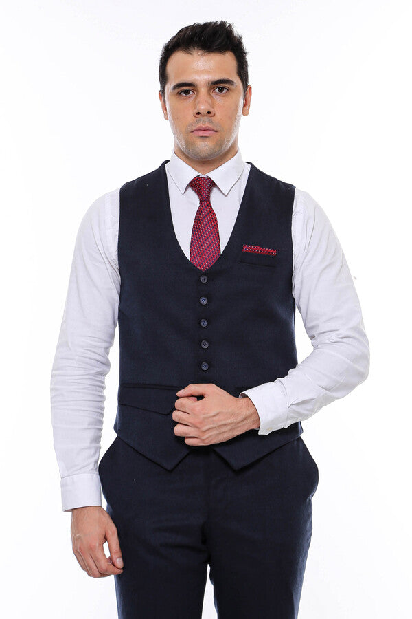 8 Buttoned Plain Navy Blue Vest - Wessi