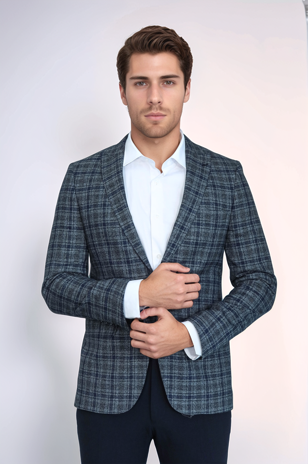 Checked Slim-Fit Navy Blue Men Blazer - Wessi