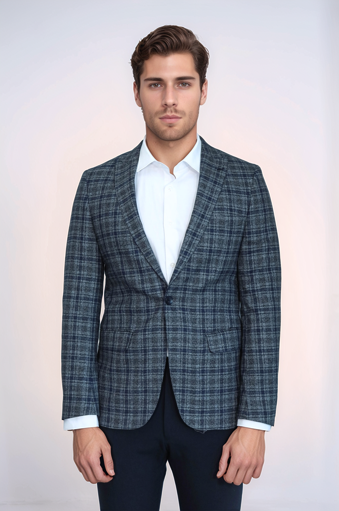 Checked Slim-Fit Navy Blue Men Blazer - Wessi