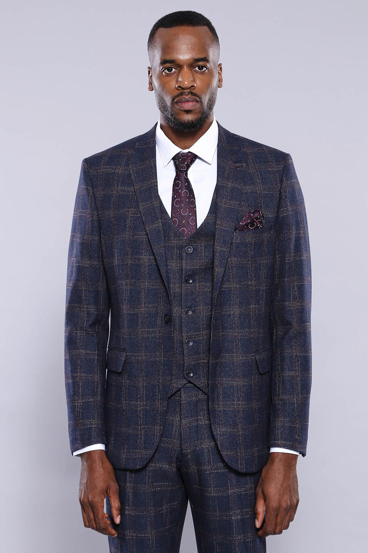 Checked Slim-Fit Navy Blue Men Blazer - Wessi