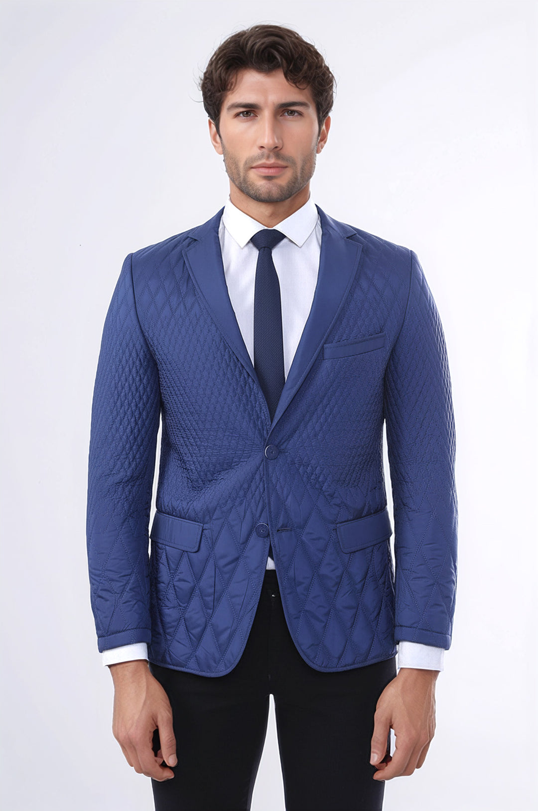 3 جيوب 2 زر معطف مبطن سترة الأزرق الداكن معطف قصير-Wessi