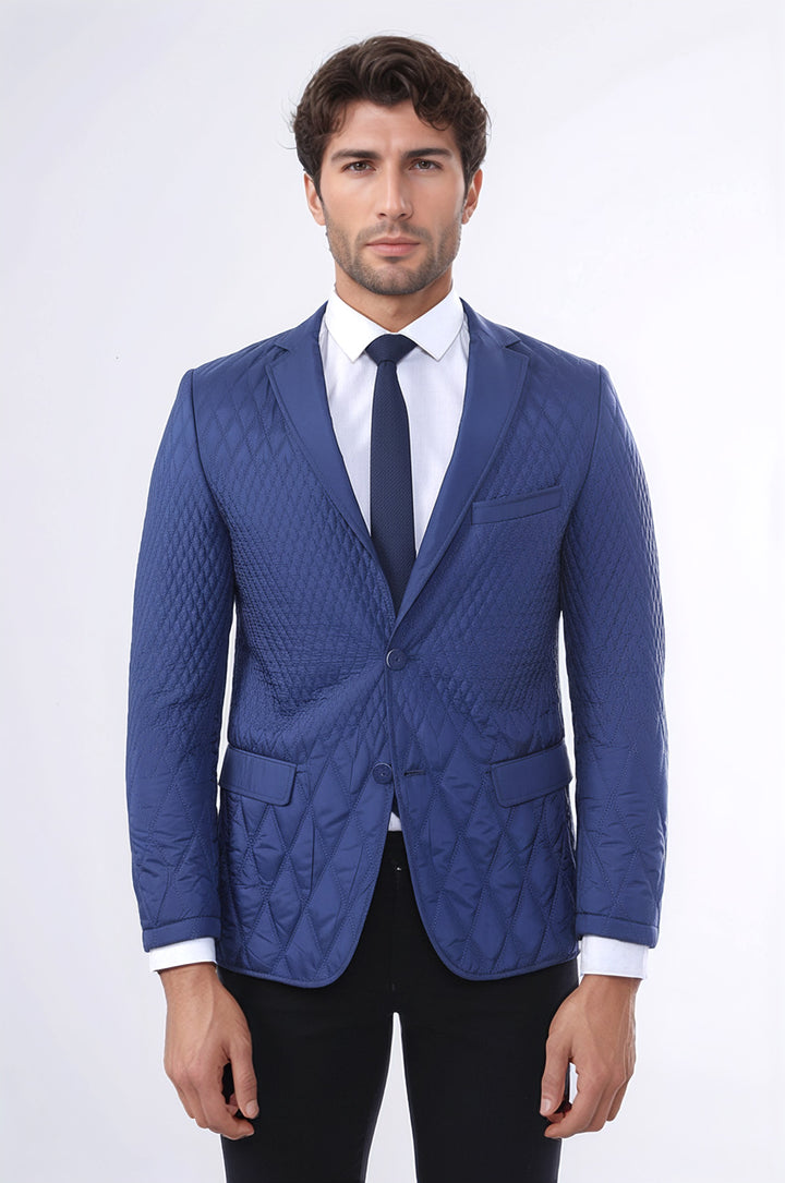 3 جيوب 2 زر معطف مبطن سترة الأزرق الداكن معطف قصير-Wessi