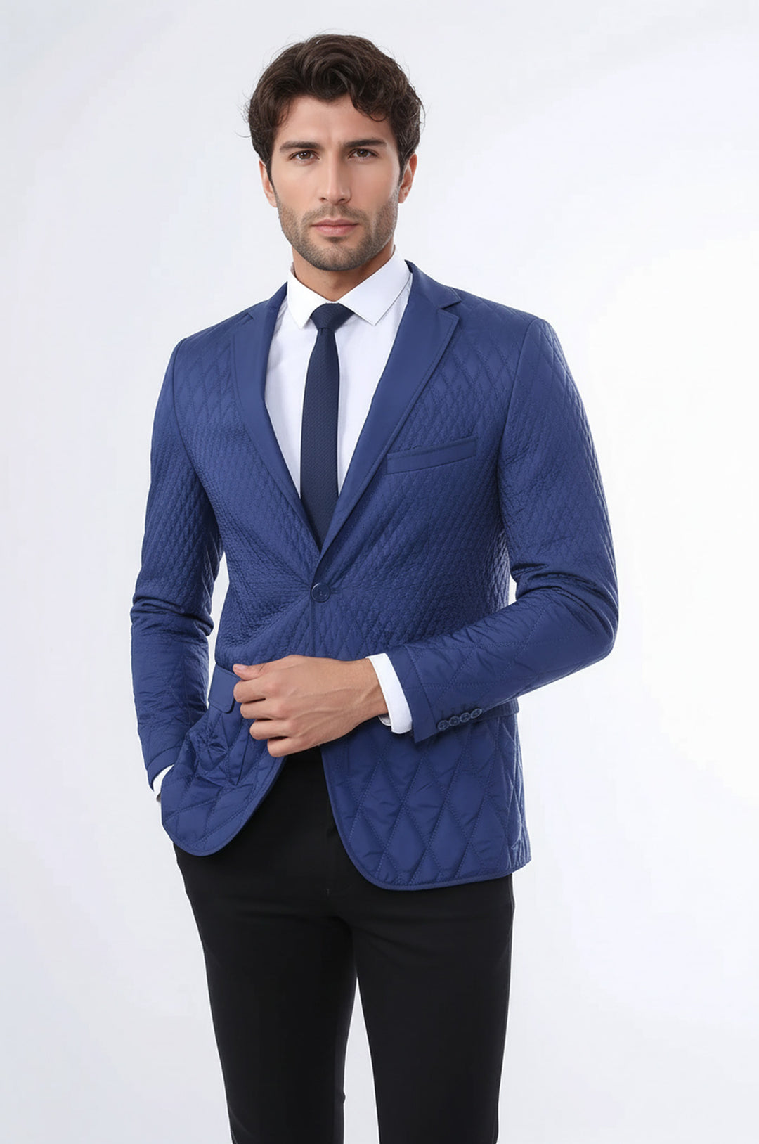 3 جيوب 2 زر معطف مبطن سترة الأزرق الداكن معطف قصير-Wessi