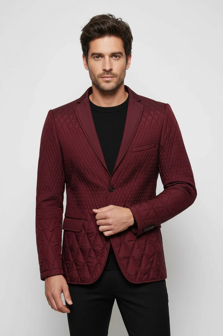 Patterned Quilted Burgundy Men Blazer - Wessi