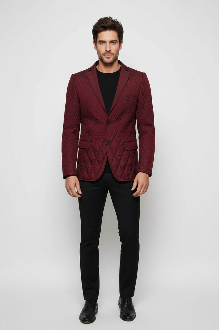 Patterned Quilted Burgundy Men Blazer - Wessi