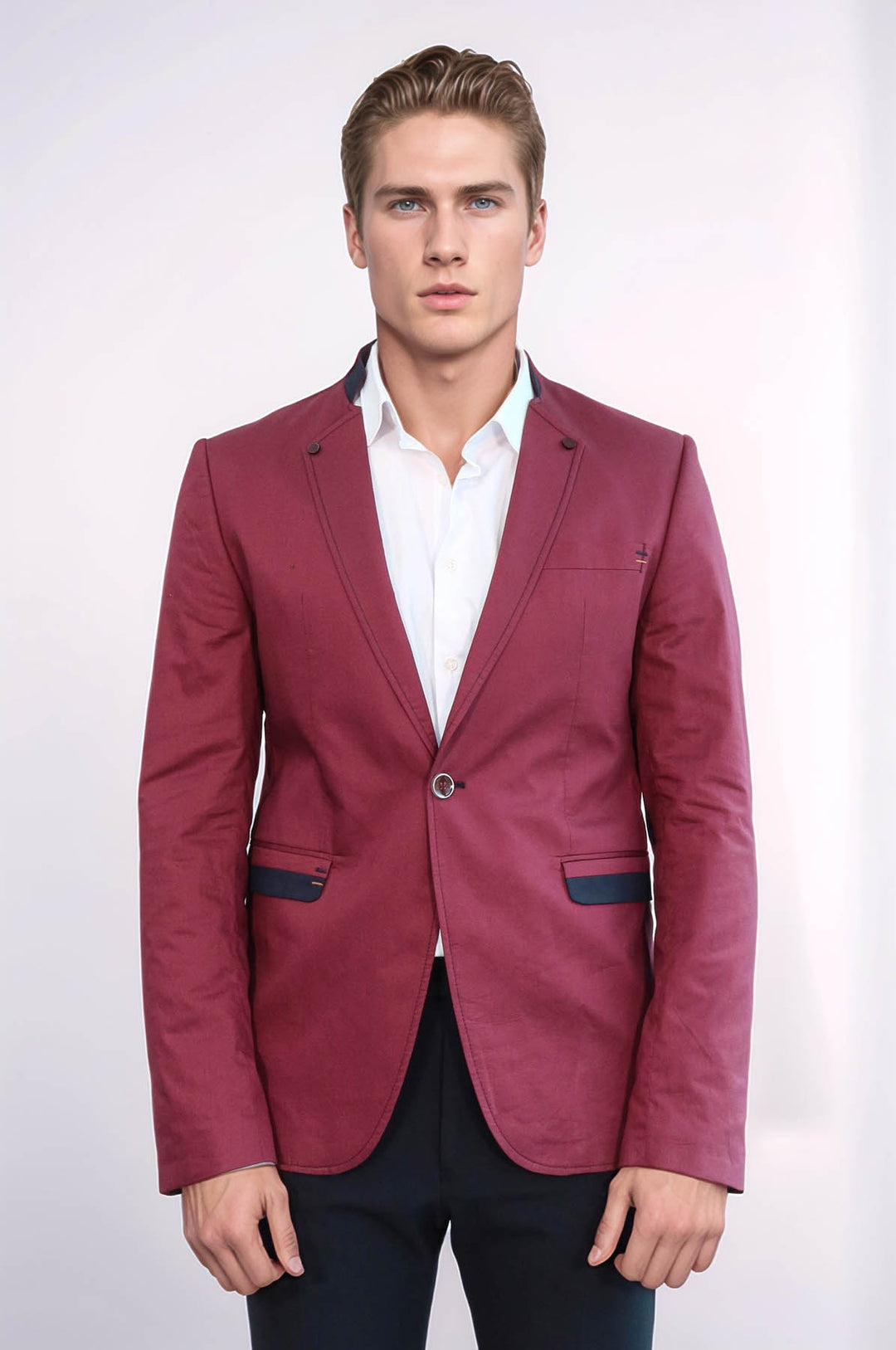 Crew Neck Burgundy Men Blazer - Wessi