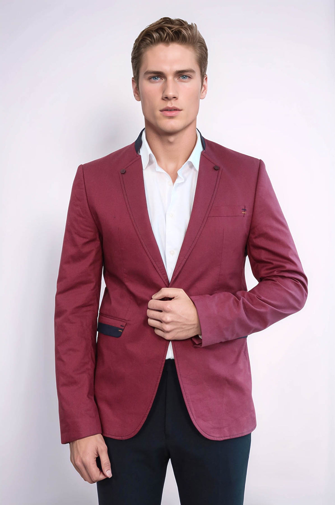 Crew Neck Burgundy Men Blazer - Wessi