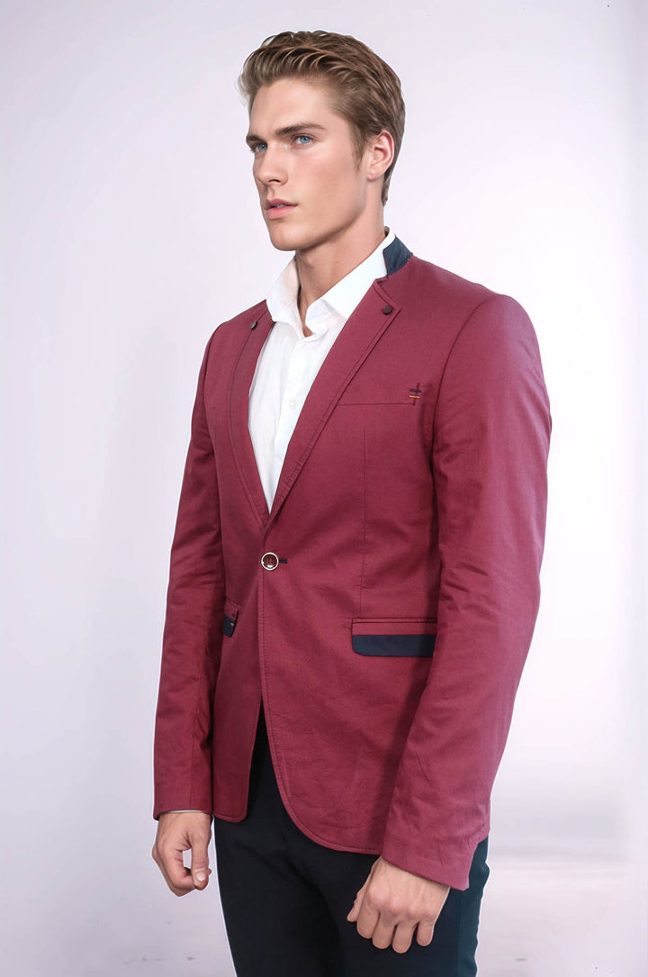 Crew Neck Burgundy Men Blazer - Wessi