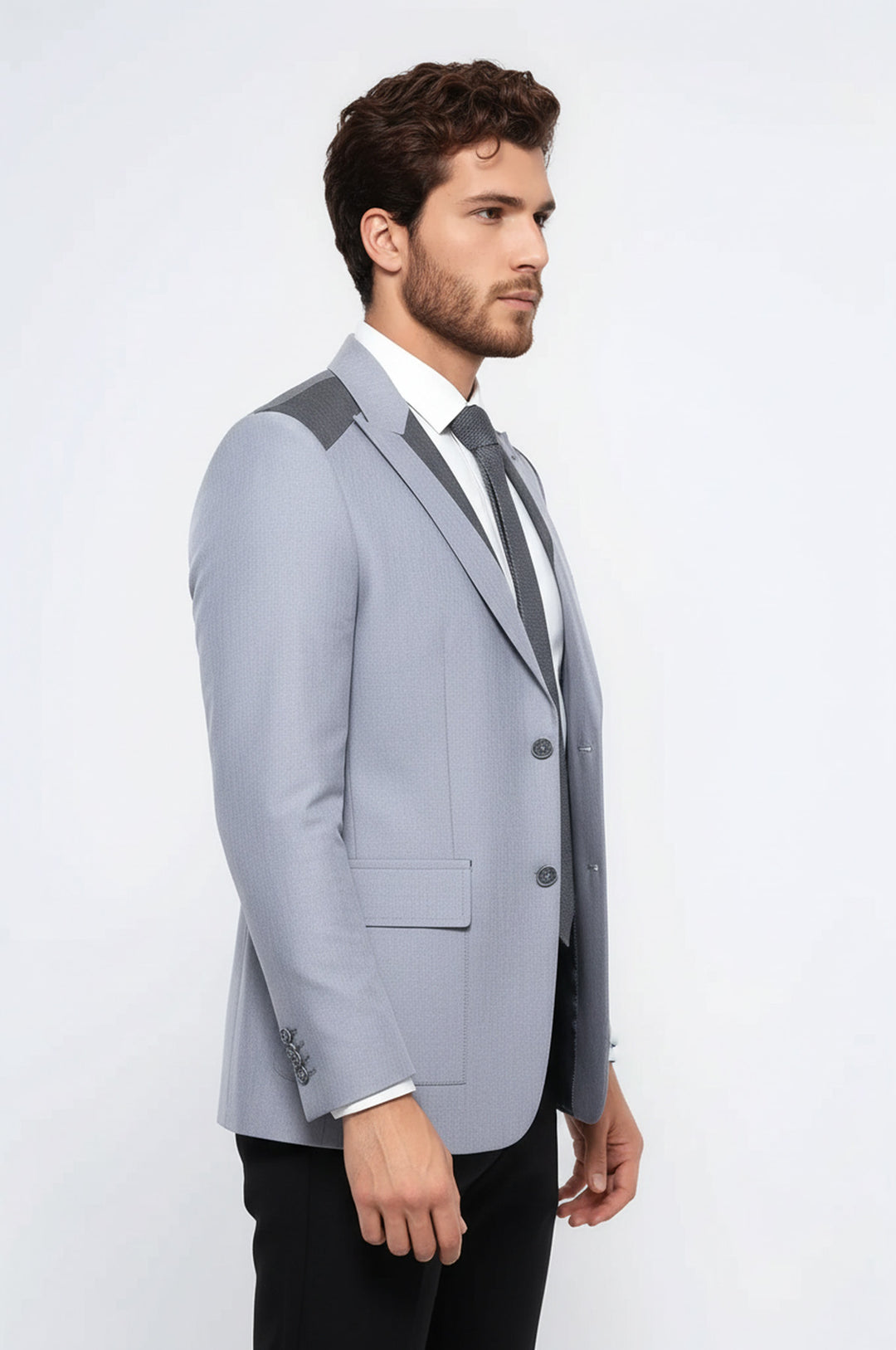 Double Button Bag Pocket Pointed Collar Light Grey Jacket-Wessi