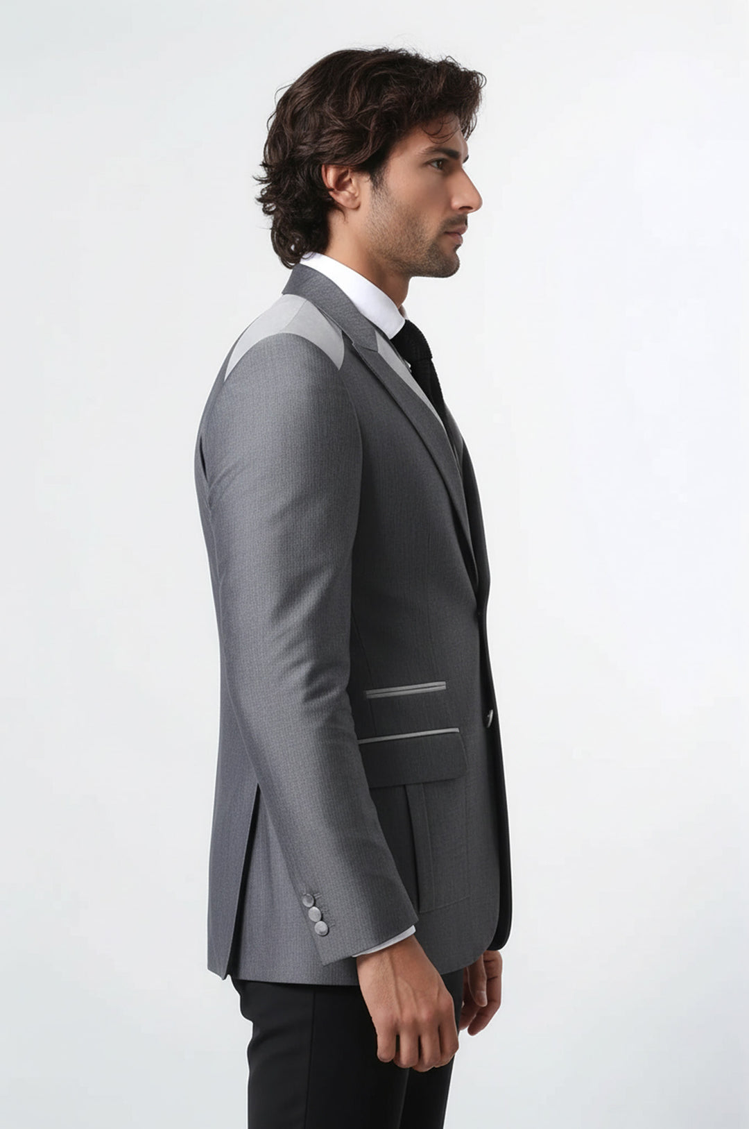 Double Button Bag Pocket Pointed Collar Grey Jacket-Wessi