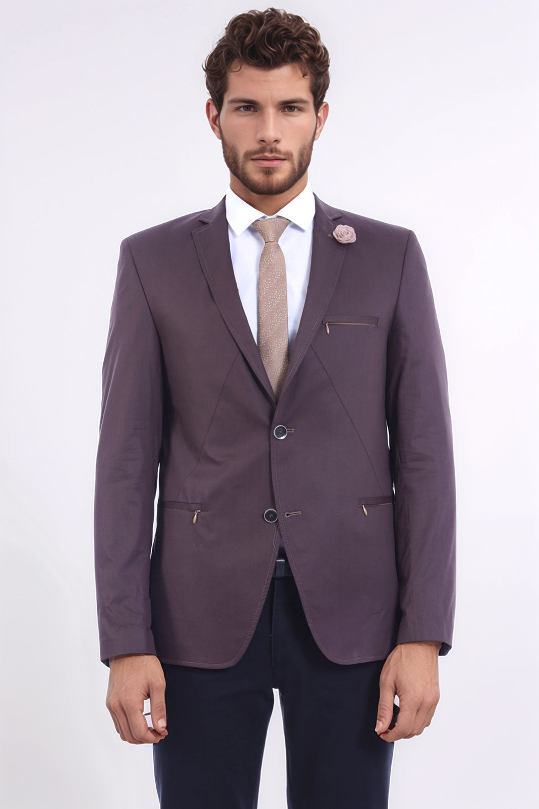 2 Button Pocket Zipper Brown Jacket-Wessi