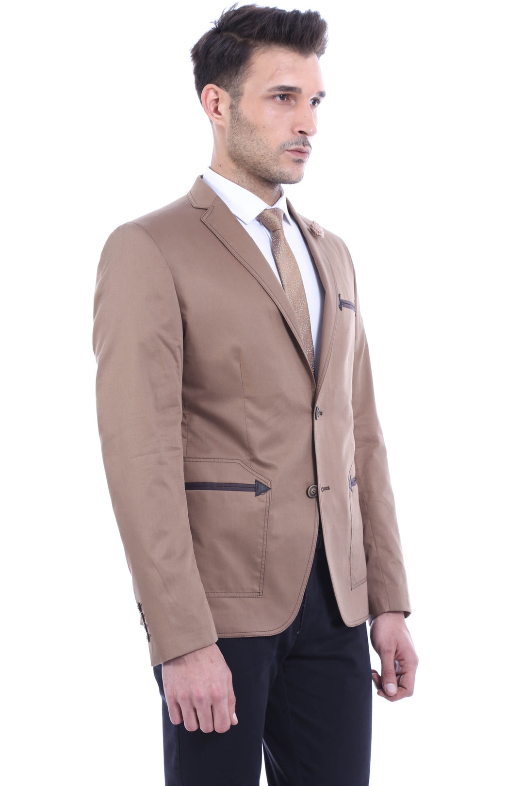 Double Button Mono Lapel Bag Pocket Cotton Tan Jacket-Wessi