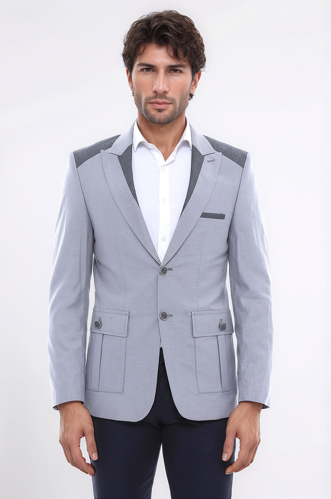 Double Buttons Bag Pocket Shoulder Piece Grey Jacket-Wessi