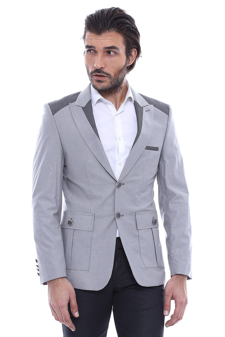 Double Buttons Bag Pocket Shoulder Piece Grey Jacket-Wessi