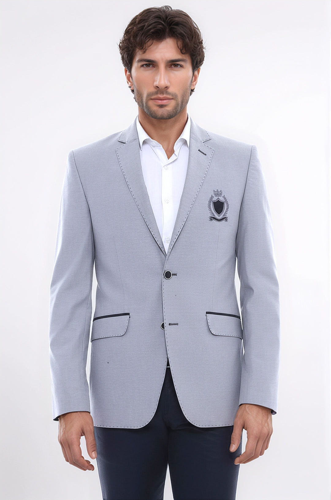 Double Button Mono Lapel Crested Grey Jacket-Wessi
