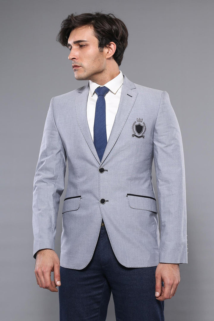 Double Button Mono Lapel Crested Light Grey Jacket-Wessi