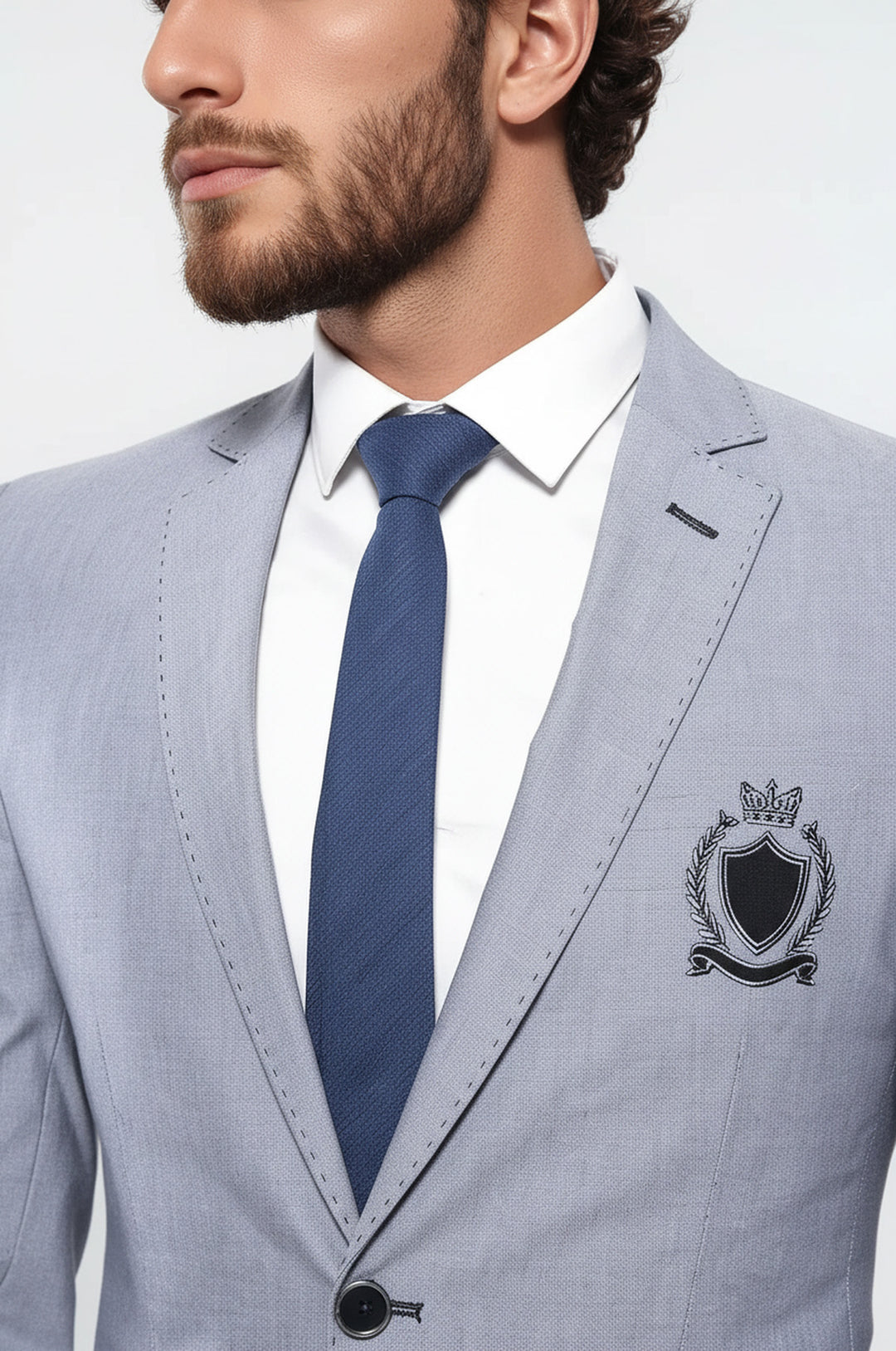 Double Button Mono Lapel Crested Light Grey Jacket-Wessi