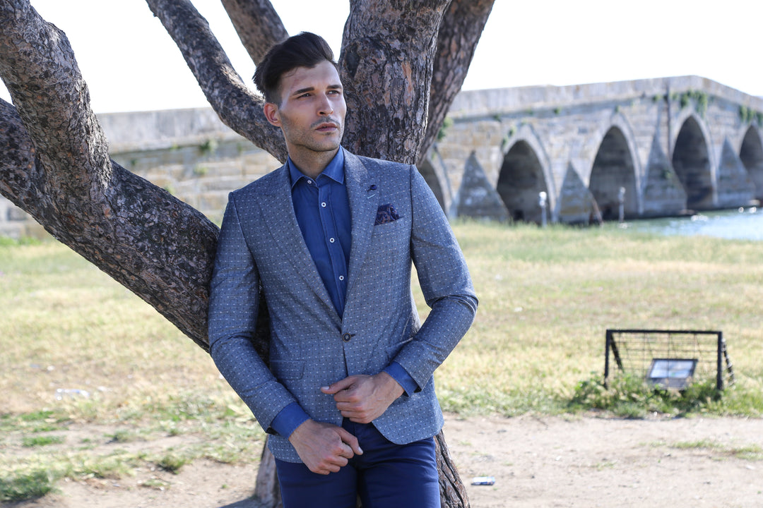 Navy Blue Linen Dot Patterned Jacket | Wessi