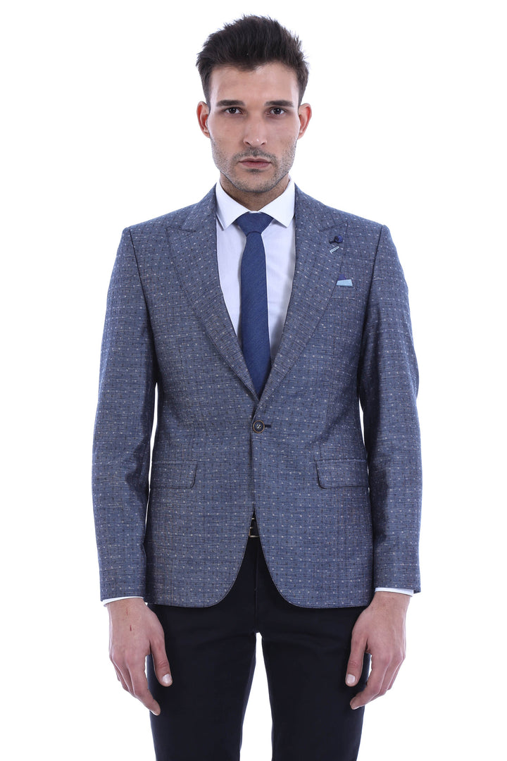 Navy Blue Linen Dot Patterned Jacket | Wessi