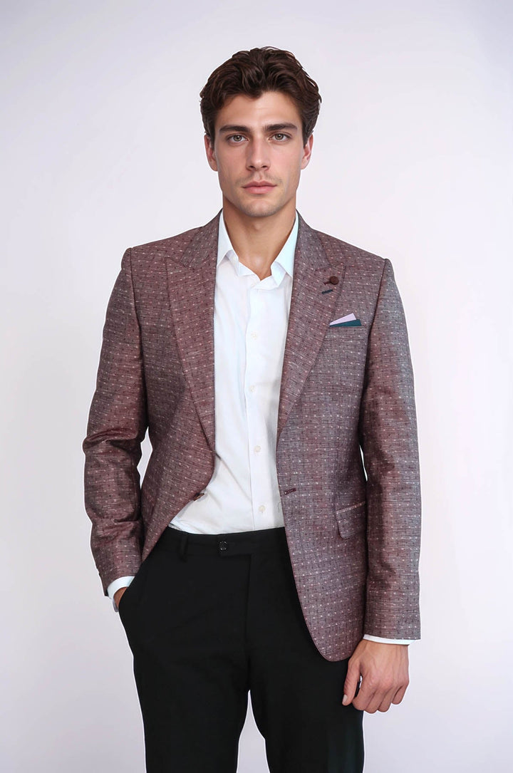 Burgundy Linen Dot Patterned Jacket | Wessi