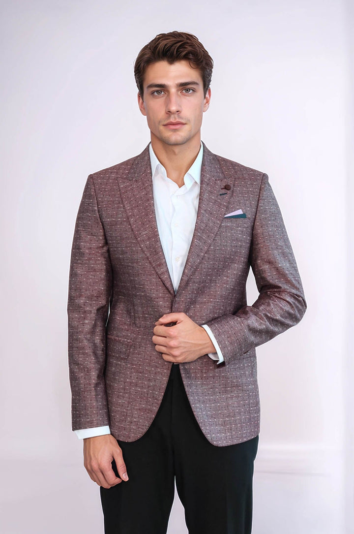 Burgundy Linen Dot Patterned Jacket | Wessi